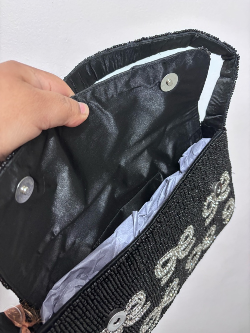 T.J.Maxx Black Beaded Shoulder Bag with Silver Bows - Picture 5 of 6